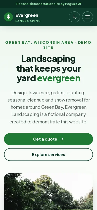 Screenshot of the fictional Evergreen Landscaping demo website for the Business Growth package, shown on a phone screen.