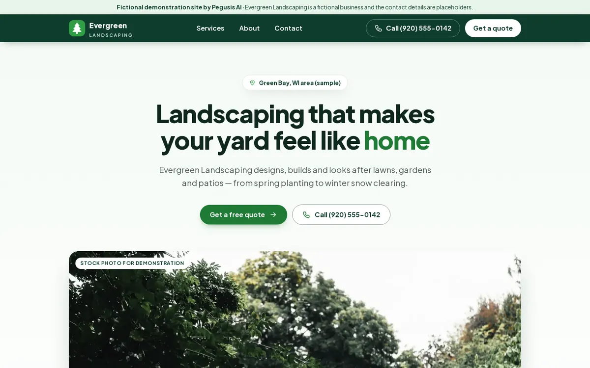 Screenshot of the fictional Evergreen Landscaping demo website for the Essential package, shown on a desktop screen.
