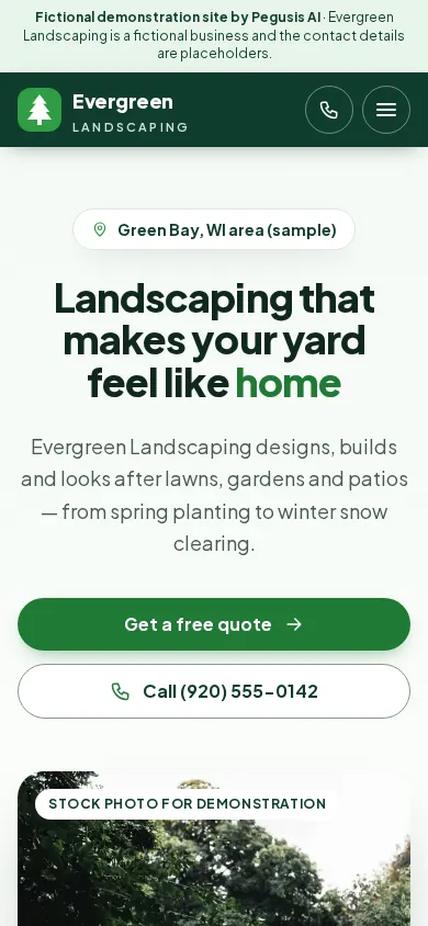 Screenshot of the fictional Evergreen Landscaping demo website for the Essential package, shown on a phone screen.
